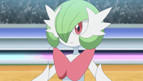 a cartoon character with green and white hair and a red eye