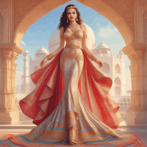 a woman in a long dress is standing in front of a castle