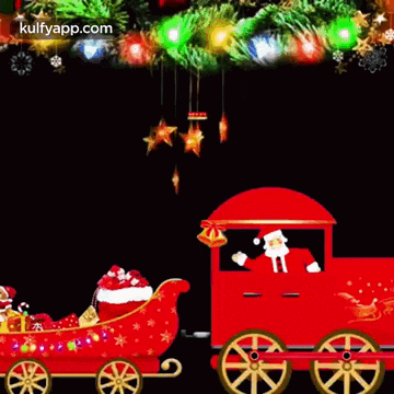 santa claus is driving a red train pulling a sleigh filled with presents .