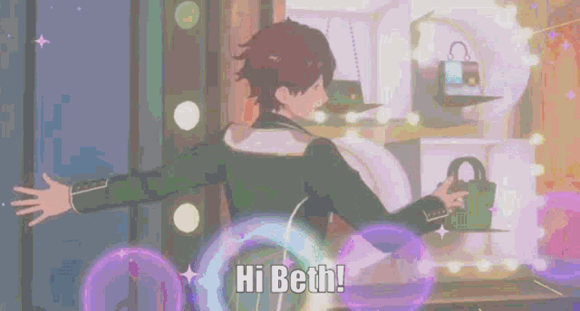 a man is standing in front of a mirror with his arms outstretched and saying hi beth .