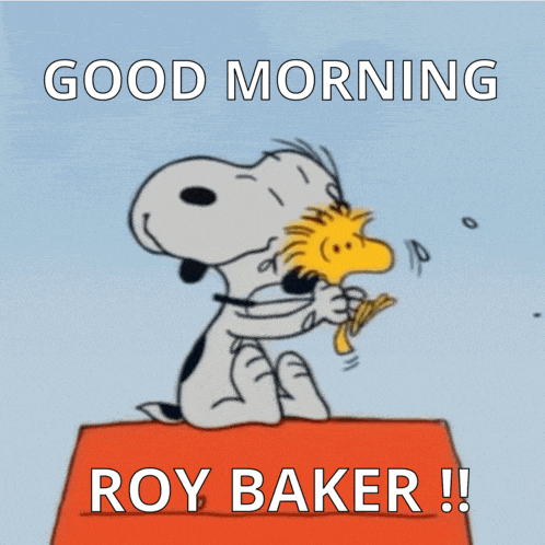 a cartoon of snoopy hugging woodstock says good morning roy baker !!