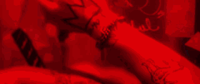 a woman 's face is silhouetted against a red background