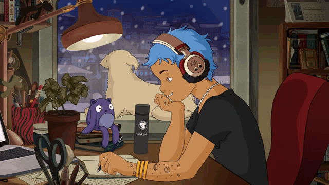 a cartoon drawing of a person wearing headphones and a bottle that says ' life is a journey '