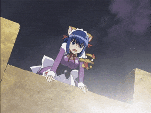 a girl with a cat ear and a purple dress stands on a wall