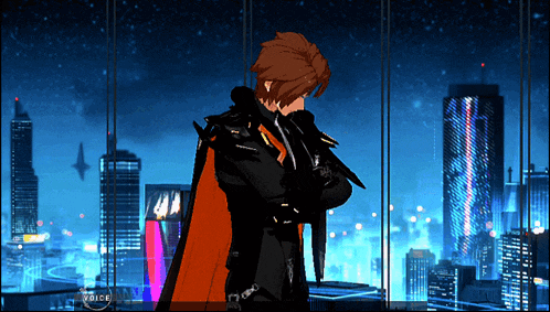 a video game character is standing in front of a city skyline and the word voice is on the screen