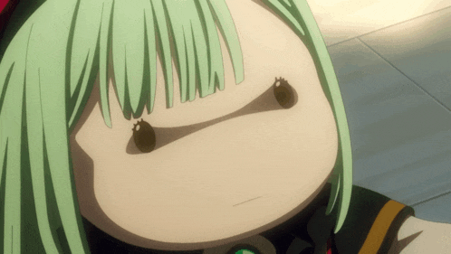 a close up of a green haired anime character with a shadow on her face