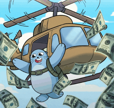 a cartoon cat is flying in a helicopter surrounded by money