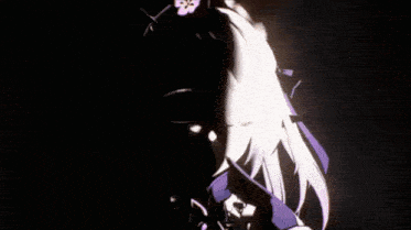 a girl with purple eyes and a flower in her hair