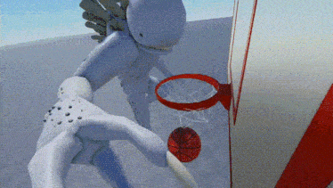 a basketball is going through a hoop with a robot in the background