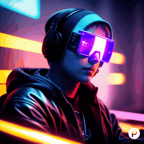 a man wearing headphones and futuristic goggles with the letter p in the lower right corner