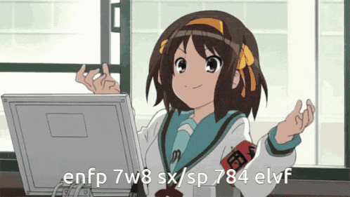 a cartoon of a girl with the words enfp 7w8 sx / sp 784 elvf written below her