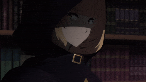 a girl with a hood on her head stands in front of a shelf of books