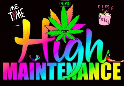 a colorful sign that says high maintenance with a marijuana leaf in the middle