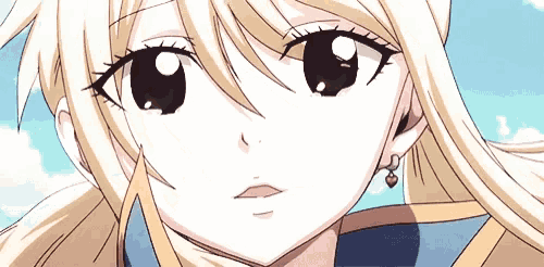 a close up of a blonde anime girl with a heart shaped earring .