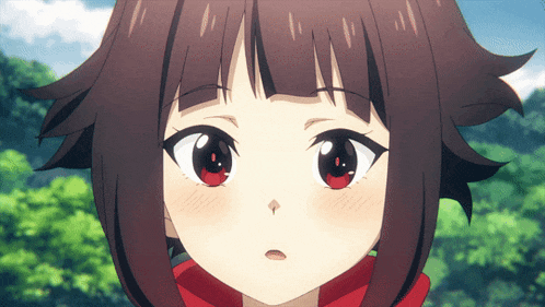 a close up of a girl with red eyes and brown hair