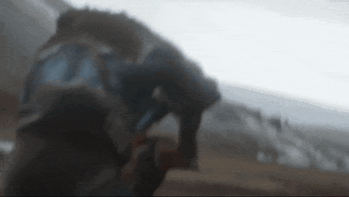 a blurry picture of a person riding a horse in a field