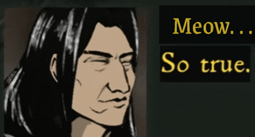 a cartoon of a man with long hair and the words meow so true below him
