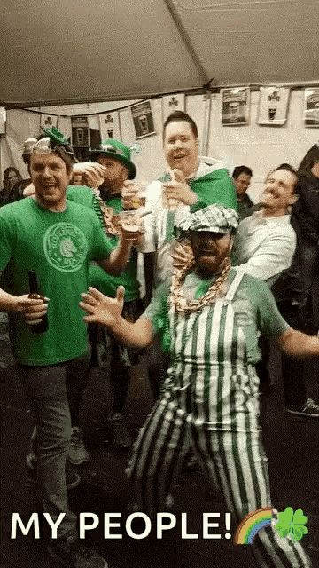 a man in a green and white striped outfit is dancing with a rainbow in the background and the words " my people " at the bottom