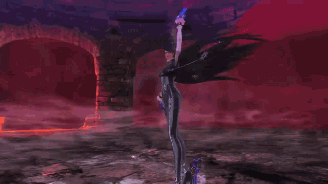 a video game character is holding a sword and a gun