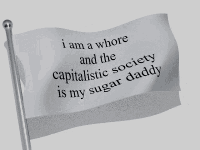 a flag that says ' i am a whore and the capitalist society is my sugar daddy ' on it