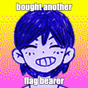 a drawing of a boy with blue hair and a caption that says bought another flag bearer .