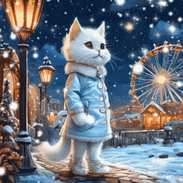 a painting of a white cat in a blue coat standing in front of a ferris wheel
