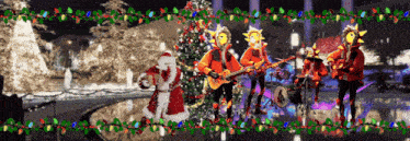 a group of people playing instruments in front of a christmas tree and santa claus