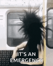 a woman with a mohawk is riding a subway train and says `` it 's an emergency '' .