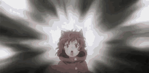 a girl with cat ears is standing in a dark room with a light coming out of her eyes .
