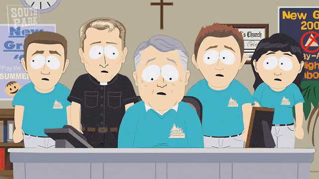 a group of south park characters standing around a table