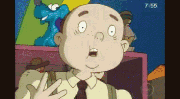 a cartoon of a man with a surprised look on his face and the time 7:55