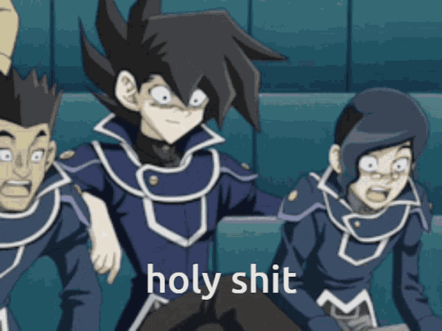 a group of cartoon characters with the words holy shit on the bottom right