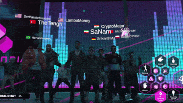 a group of people standing in front of a screen that says global chat on it