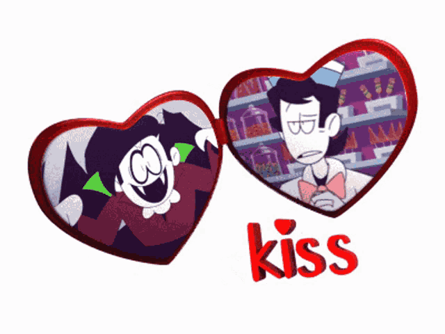 a couple of hearts with cartoon characters and the word kiss