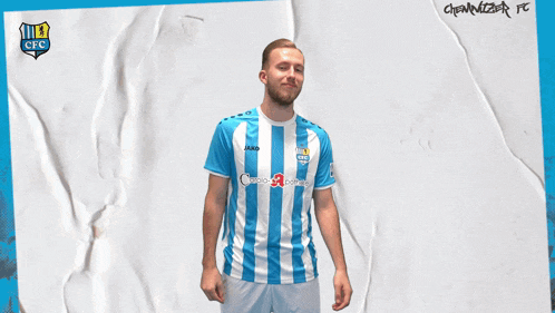 a man wearing a blue and white striped jersey with jako on it