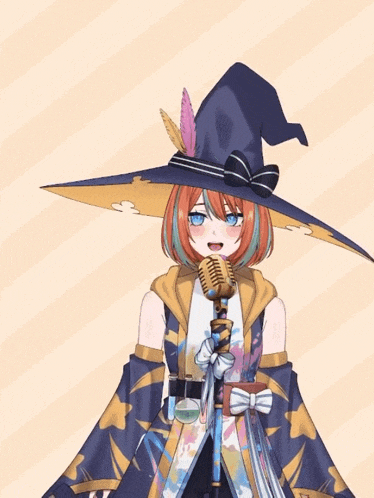 a girl in a witch hat holds a microphone in her hand