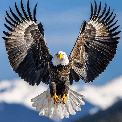 a bald eagle with its wings spread is flying in the sky