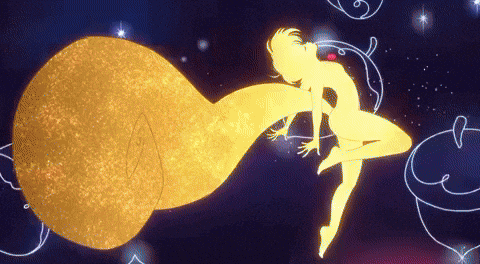 a silhouette of a woman flying through the air with a yellow object behind her