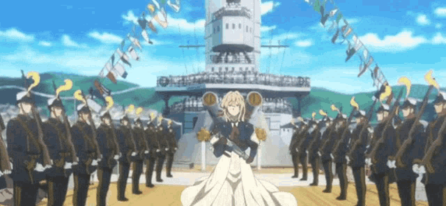 a girl in a white dress is standing in front of a large ship