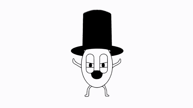 a black and white drawing of a cartoon character wearing a top hat and mustache