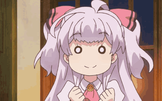 a cartoon girl with white hair and a pink bow