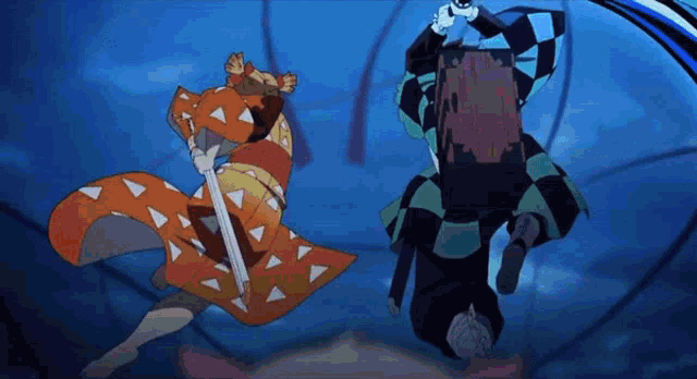 a man in a kimono is holding a sword while another man is holding a sword .