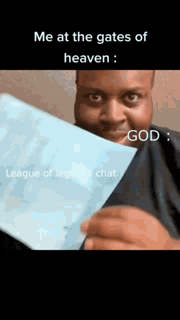 a man is holding a piece of paper that says `` me at the gates of heaven '' .