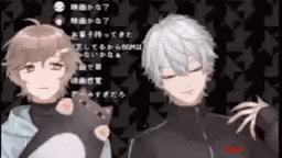 a couple of anime characters standing next to each other . one of the characters is holding a cat .