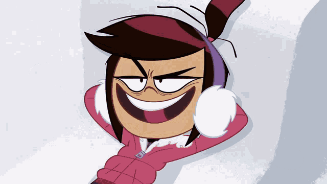 a cartoon character wearing a pink jacket and ear muffs