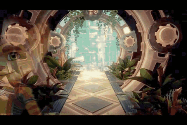 a computer generated image of a tunnel with plants and gears in it