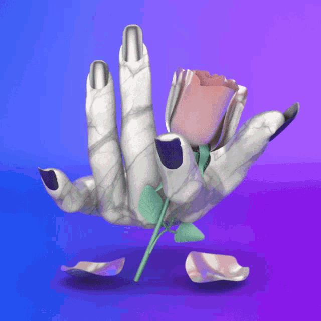 a marble hand holding a pink rose with a purple background