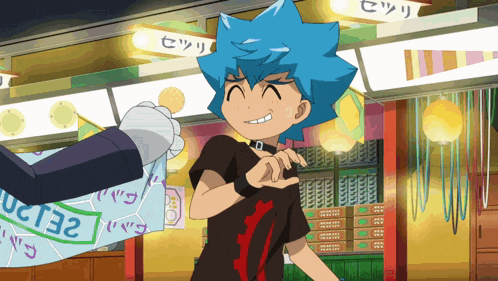 a boy with blue hair is standing in front of a sign that says ' e132 ' on it