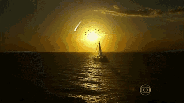 a sailboat is in the ocean at sunset with a shooting star in the sky