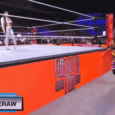 a woman is standing in a wrestling ring with a sign that says united states on it .